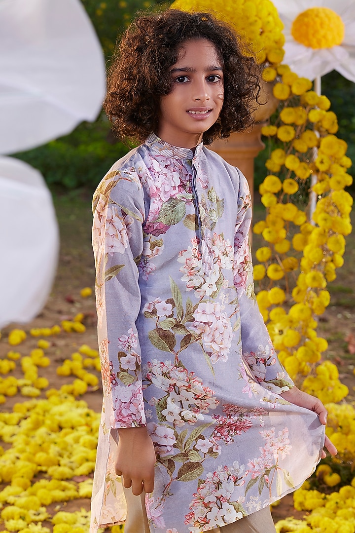 Lilac Chanderi Floral Printed Kurta Set For Boys by Kalista kids at Pernia's Pop Up Shop