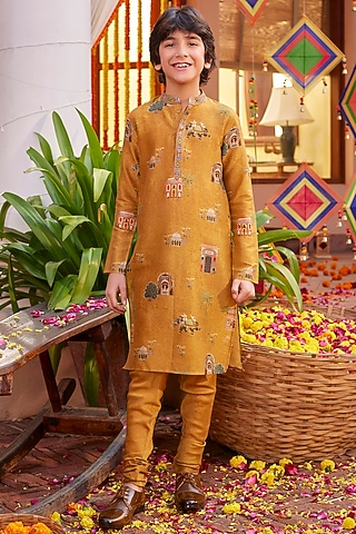 Mustard Chanderi Motifs Embroidered Kurta Set For Boys by Kalista kids