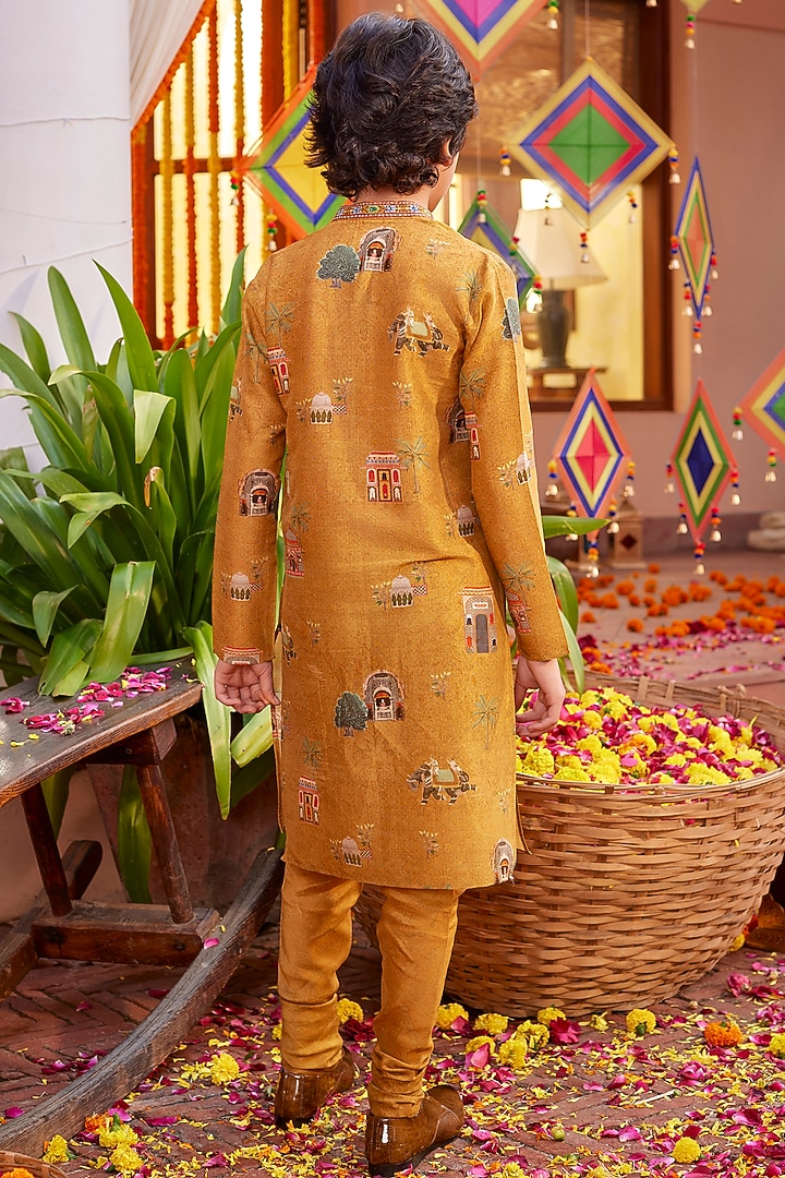 Mustard Chanderi Motifs Embroidered Kurta Set For Boys by Kalista kids at Pernia's Pop Up Shop