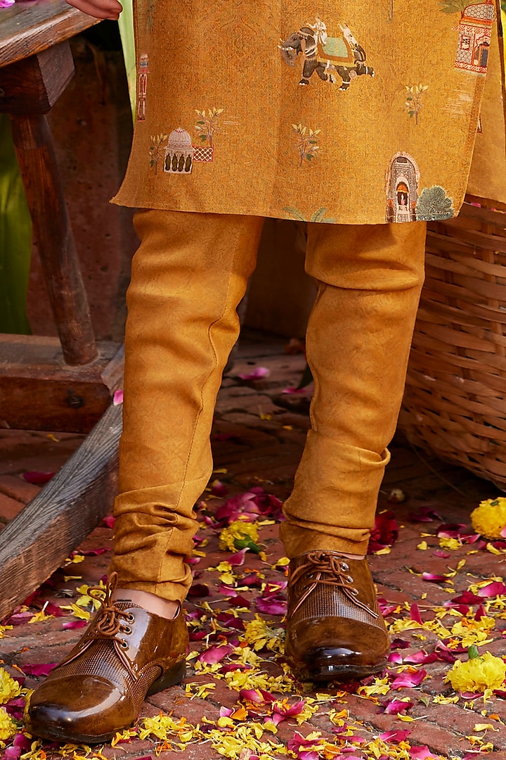 Mustard Chanderi Motifs Embroidered Kurta Set For Boys by Kalista kids at Pernia's Pop Up Shop