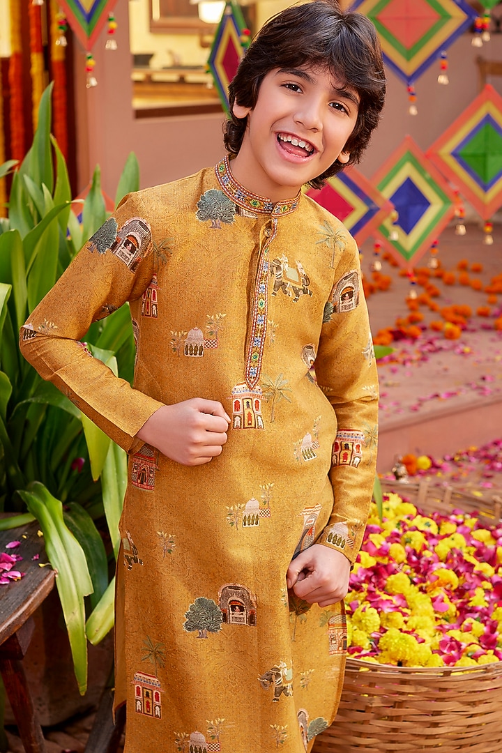 Mustard Chanderi Motifs Embroidered Kurta Set For Boys by Kalista kids at Pernia's Pop Up Shop