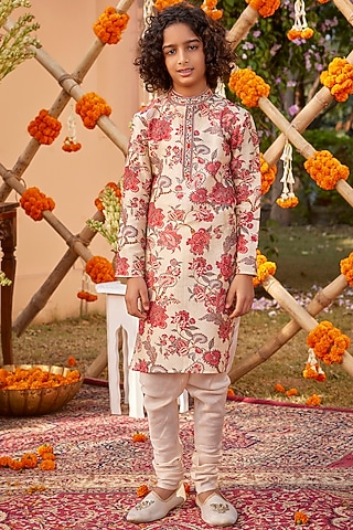 Multi-Colored Chanderi Printed & Resham Embroidered Kurta Set For Boys by Kalista kids