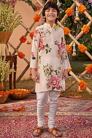 Blush Pink Chanderi Floral Printed Kurta Set For Boys by Kalista kids