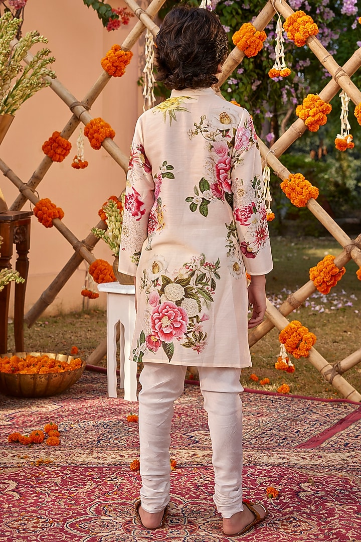 Blush Pink Chanderi Floral Printed Kurta Set For Boys by Kalista kids at Pernia's Pop Up Shop