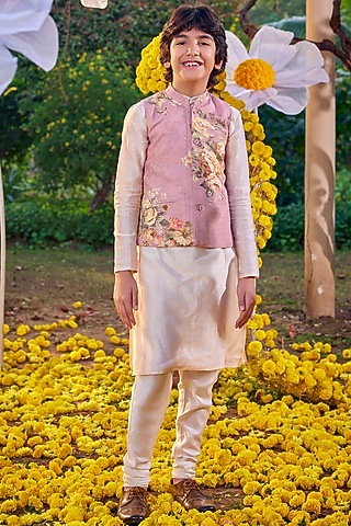 Blush Pink Raw Silk & Chanderi Bundi Jacket Set For Boys by Kalista kids