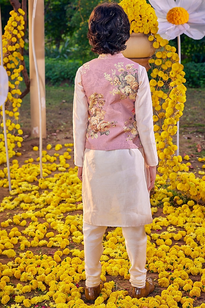 Blush Pink Raw Silk & Chanderi Bundi Jacket Set For Boys by Kalista kids at Pernia's Pop Up Shop