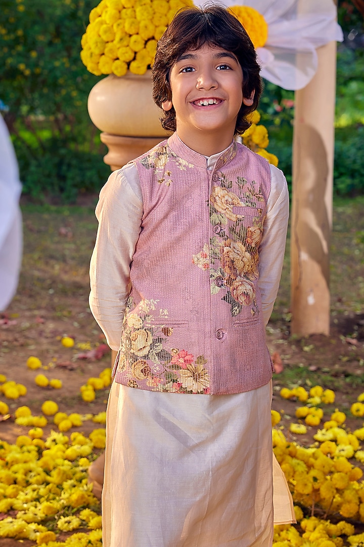 Blush Pink Raw Silk & Chanderi Bundi Jacket Set For Boys by Kalista kids at Pernia's Pop Up Shop