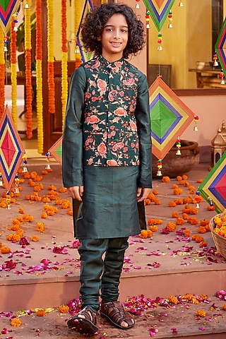 Bottle Green Chanderi Silk Bundi Jacket Set For Boys by Kalista kids