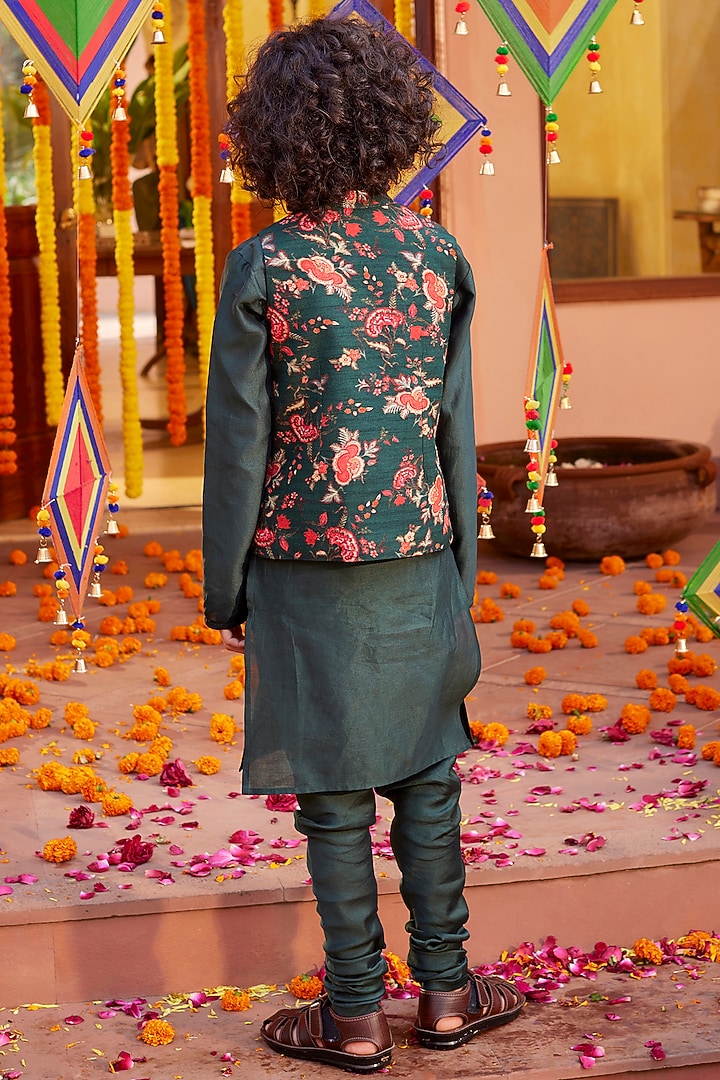 Bottle Green Chanderi Silk Bundi Jacket Set For Boys by Kalista kids at Pernia's Pop Up Shop