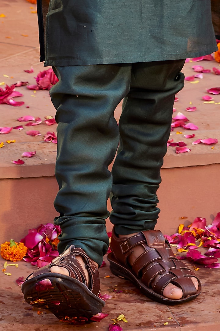 Bottle Green Chanderi Silk Bundi Jacket Set For Boys by Kalista kids at Pernia's Pop Up Shop
