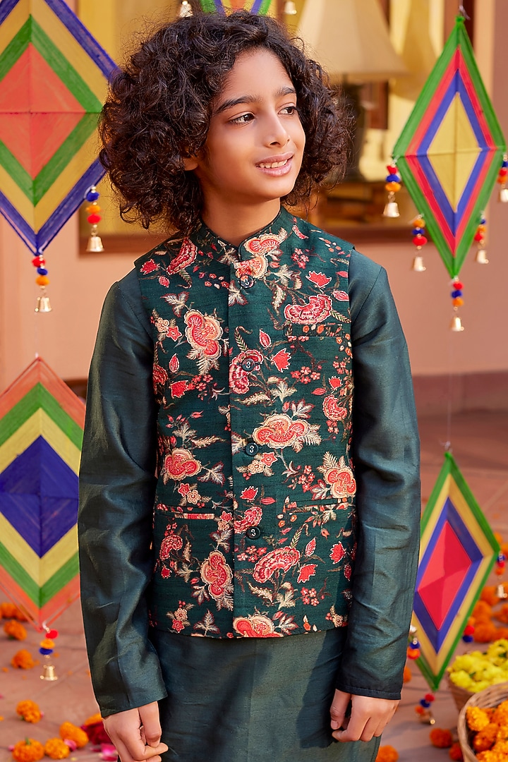 Bottle Green Chanderi Silk Bundi Jacket Set For Boys by Kalista kids at Pernia's Pop Up Shop
