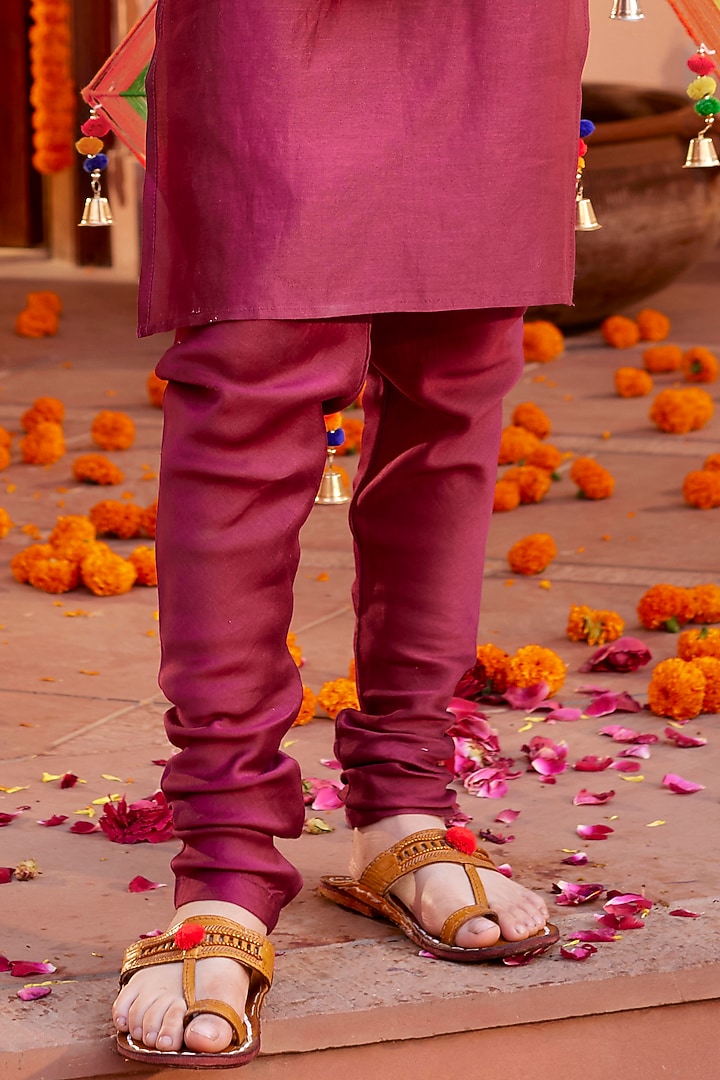 Burgundy Chanderi Silk Bundi Jacket Set For Boys by Kalista kids at Pernia's Pop Up Shop