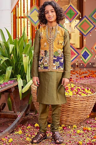 Mustard Chanderi Bundi Jacket Set For Boys by Kalista kids