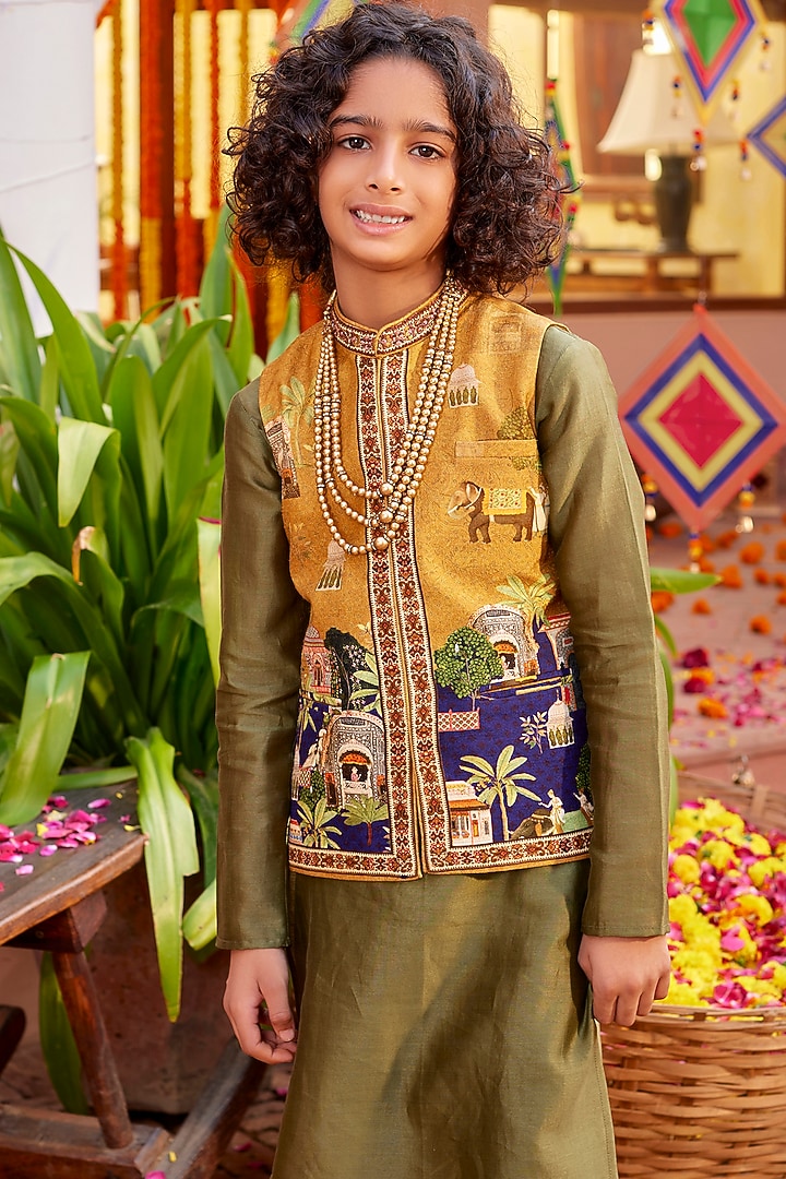 Mustard Chanderi Bundi Jacket Set For Boys by Kalista kids at Pernia's Pop Up Shop