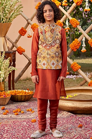 Mustard Chanderi Bundi Jacket Set For Boys by Kalista kids