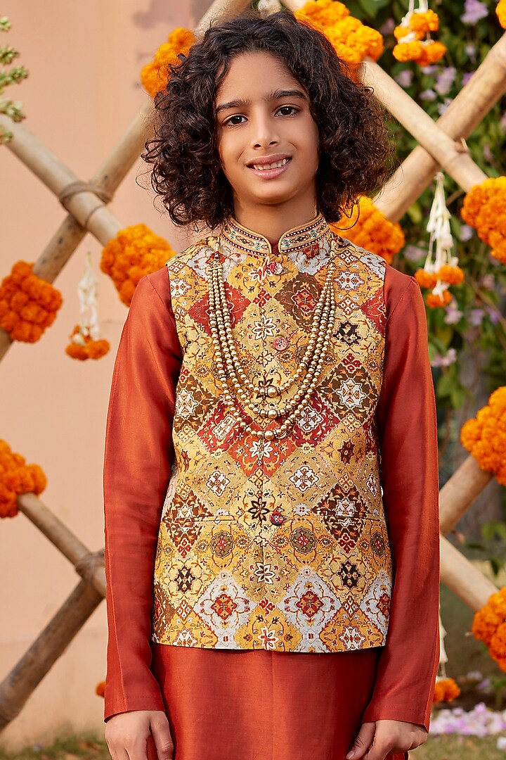 Mustard Chanderi Bundi Jacket Set For Boys by Kalista kids at Pernia's Pop Up Shop