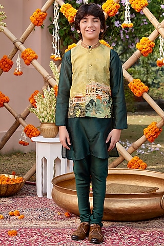 Lime Yellow Chanderi Bundi Jacket Set For Boys by Kalista kids
