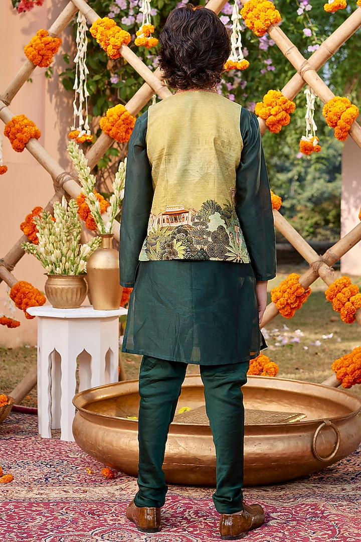 Lime Yellow Chanderi Bundi Jacket Set For Boys by Kalista kids at Pernia's Pop Up Shop
