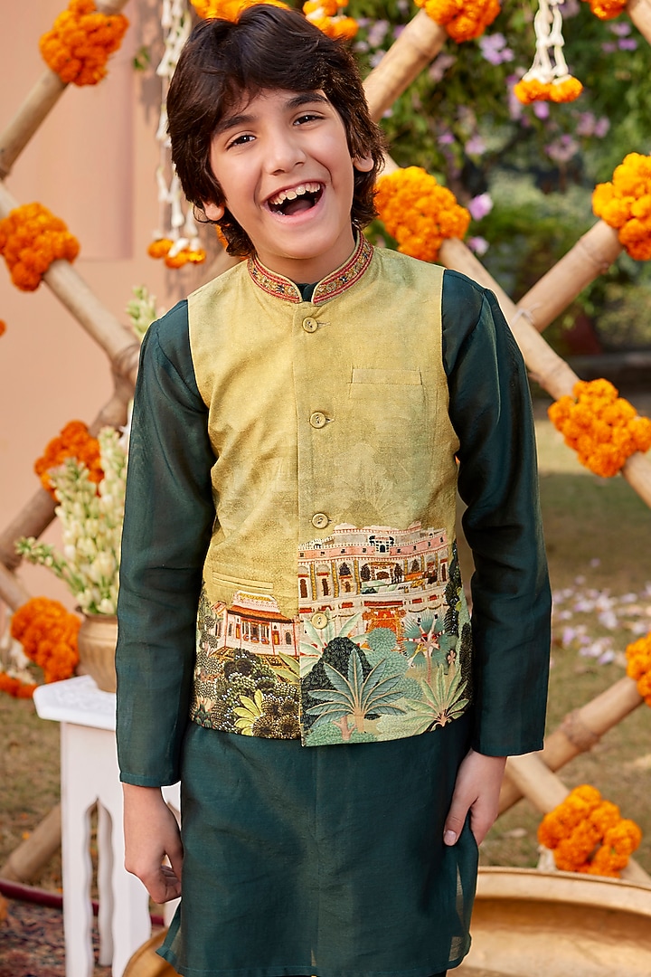 Lime Yellow Chanderi Bundi Jacket Set For Boys by Kalista kids at Pernia's Pop Up Shop