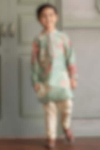 Soft Mint Chanderi Silk Floral Printed Kurta Set For Boys by Kalista kids at Pernia's Pop Up Shop