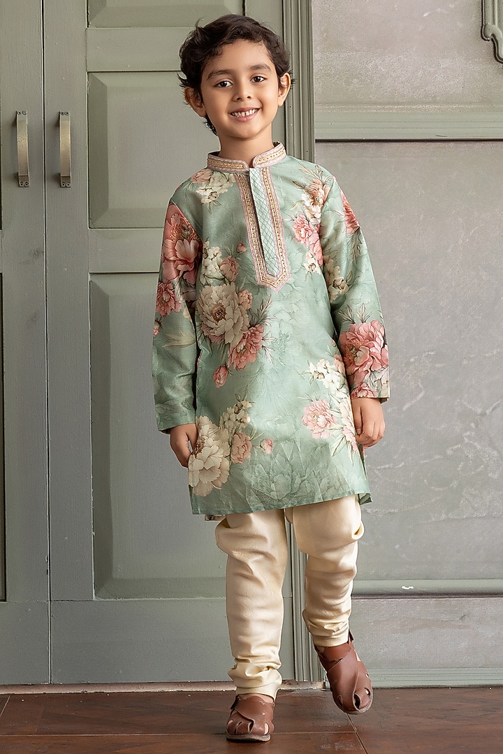 Soft Mint Chanderi Silk Floral Printed Kurta Set For Boys by Kalista kids at Pernia's Pop Up Shop