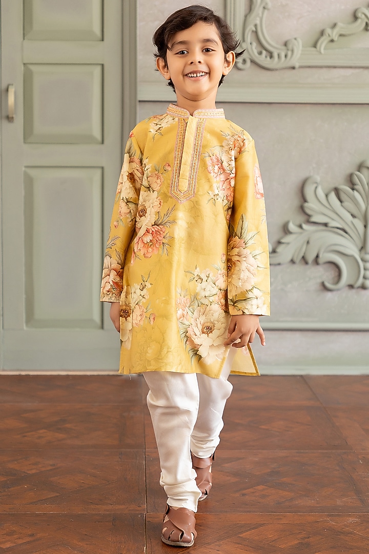 Lemon Yellow Chanderi Silk Floral Printed Kurta Set For Boys by Kalista kids at Pernia's Pop Up Shop