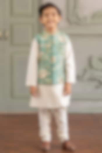 Aqua Viscose Silk & Chanderi Floral Printed Bundi Set For Boys by Kalista kids at Pernia's Pop Up Shop