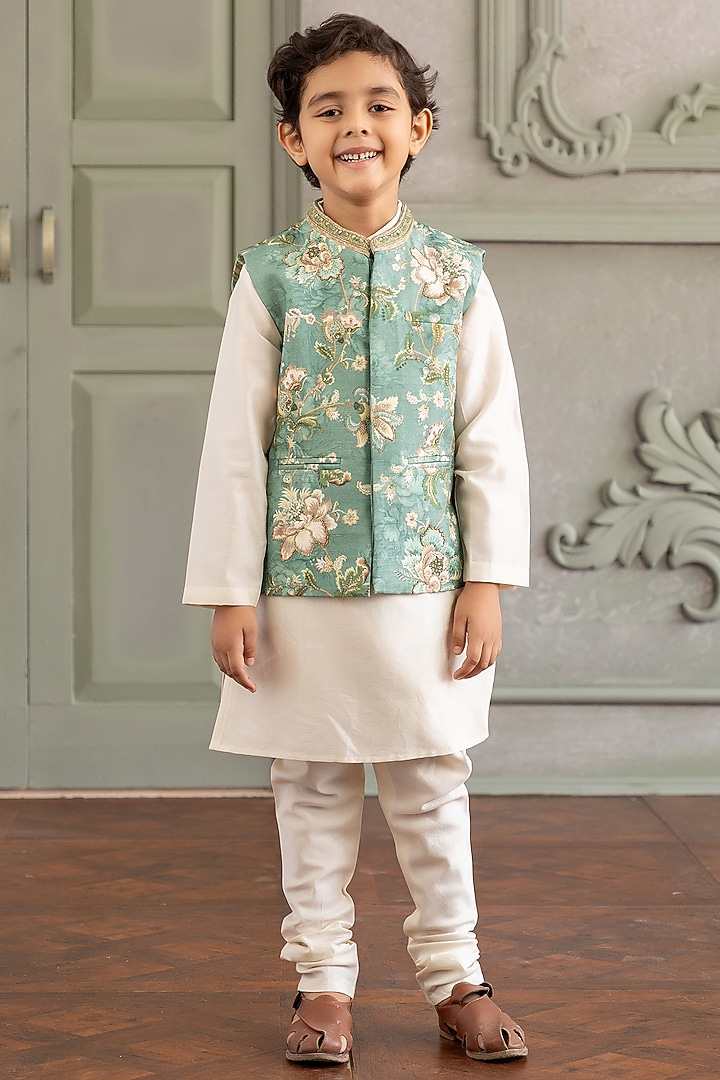 Aqua Viscose Silk & Chanderi Floral Printed Bundi Set For Boys by Kalista kids at Pernia's Pop Up Shop