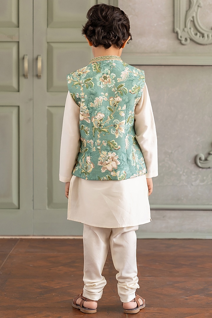Aqua Viscose Silk & Chanderi Floral Printed Bundi Set For Boys by Kalista kids at Pernia's Pop Up Shop