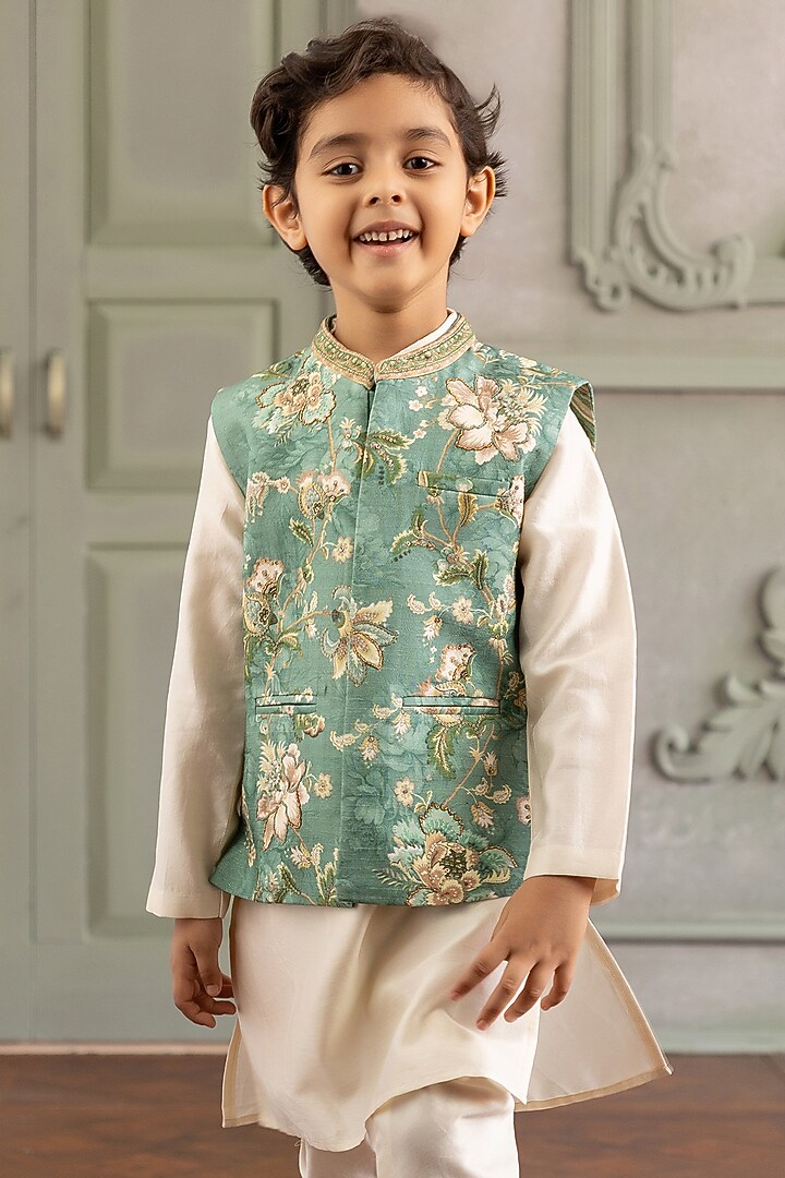 Aqua Viscose Silk & Chanderi Floral Printed Bundi Set For Boys by Kalista kids at Pernia's Pop Up Shop