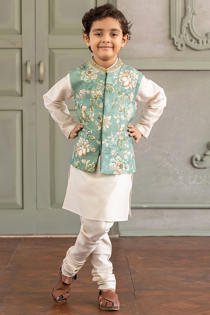 Aqua Viscose Silk & Chanderi Floral Printed Bundi Set For Boys by Kalista kids at Pernia's Pop Up Shop