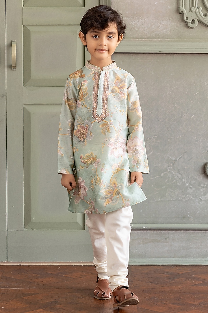 Light Aqua Chanderi Silk Floral Printed Kurta Set For Boys by Kalista kids at Pernia's Pop Up Shop