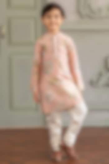 Powder Pink Chanderi Silk Floral Printed Kurta Set For Boys by Kalista kids at Pernia's Pop Up Shop