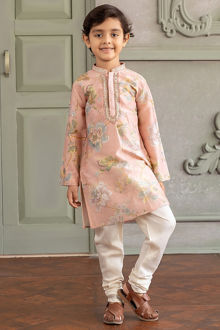 Powder Pink Chanderi Silk Floral Printed Kurta Set For Boys by Kalista kids at Pernia's Pop Up Shop