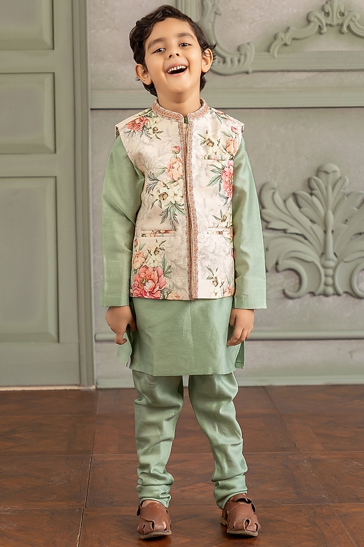 Beige Viscose Silk & Chanderi Floral Printed Bundi Set For Boys by Kalista kids at Pernia's Pop Up Shop