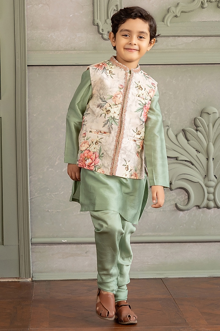 Beige Viscose Silk & Chanderi Floral Printed Bundi Set For Boys by Kalista kids at Pernia's Pop Up Shop