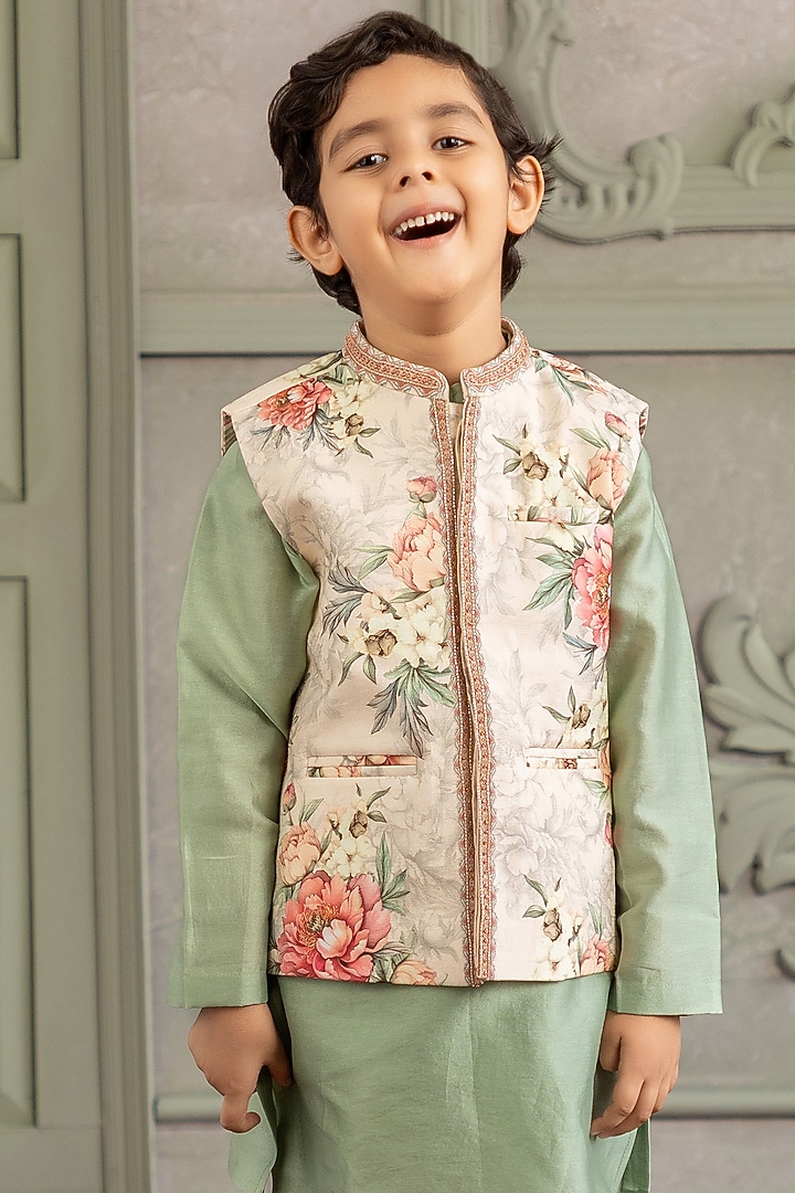 Beige Viscose Silk & Chanderi Floral Printed Bundi Set For Boys by Kalista kids at Pernia's Pop Up Shop
