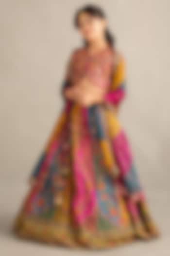 Multicoloured Viscose Silk Printed & Embroidered Lehenga Set For Girls by Kalista kids at Pernia's Pop Up Shop