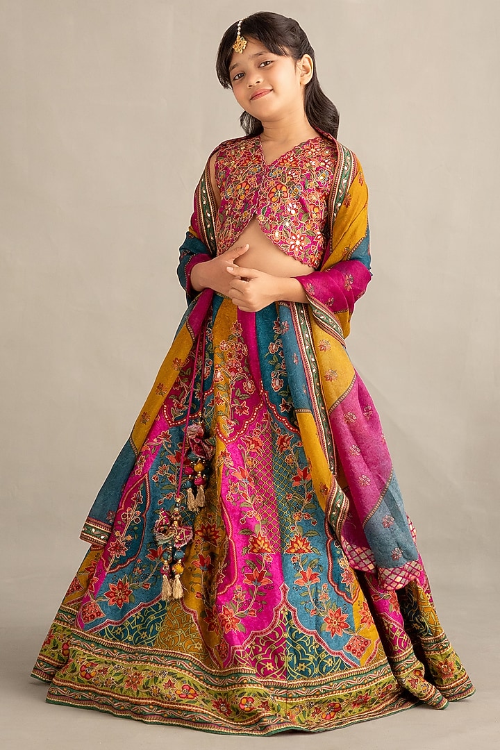 Multicoloured Viscose Silk Printed & Embroidered Lehenga Set For Girls by Kalista kids at Pernia's Pop Up Shop