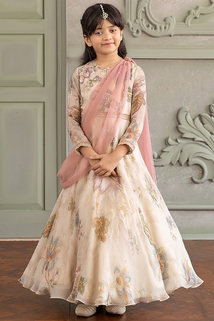 Ivory Viscose Organza Floral Printed Anarkali For Girls by Kalista kids at Pernia's Pop Up Shop