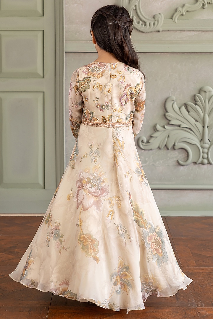 Ivory Viscose Organza Floral Printed Anarkali For Girls by Kalista kids at Pernia's Pop Up Shop