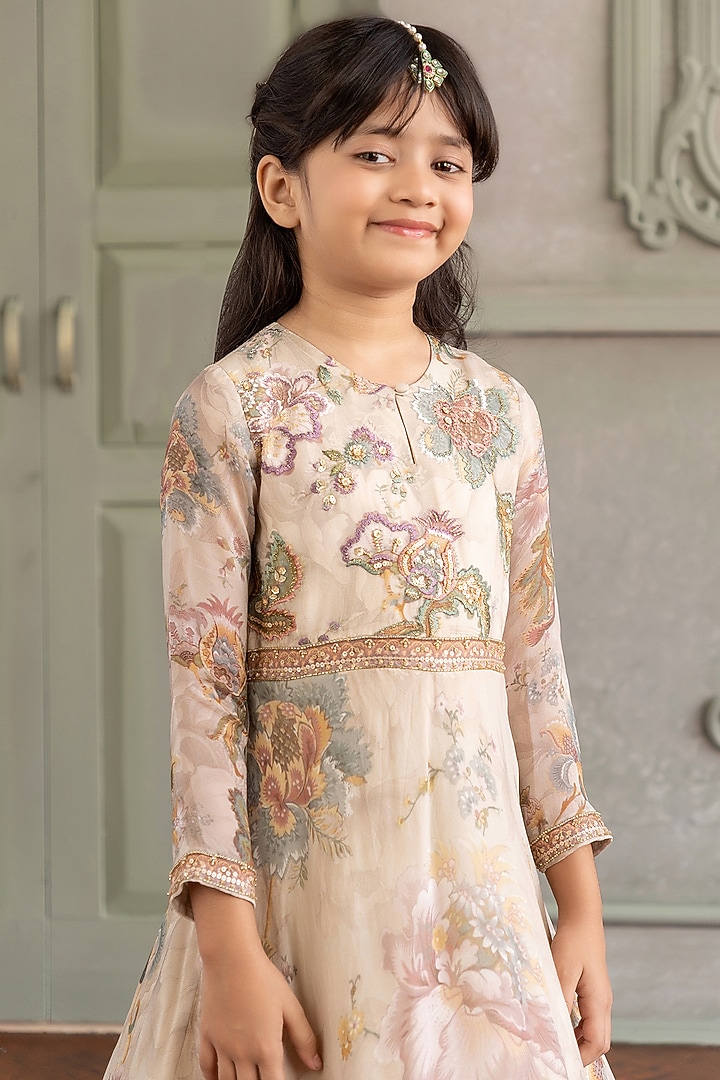 Ivory Viscose Organza Floral Printed Anarkali For Girls by Kalista kids at Pernia's Pop Up Shop