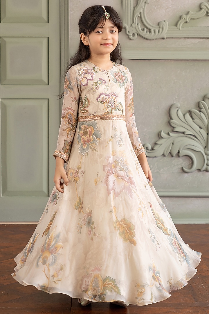 Ivory Viscose Organza Floral Printed Anarkali For Girls by Kalista kids at Pernia's Pop Up Shop