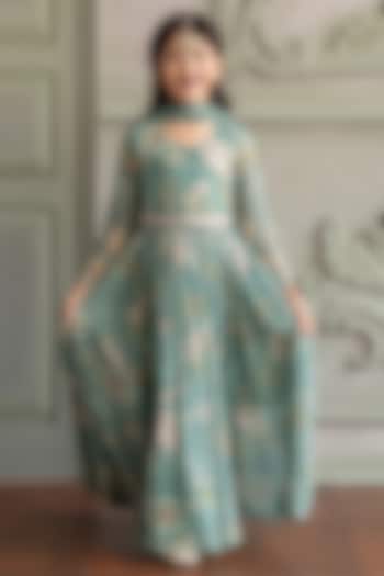 Soft Mint Viscose Organza Floral Printed Anarkali For Girls by Kalista kids at Pernia's Pop Up Shop
