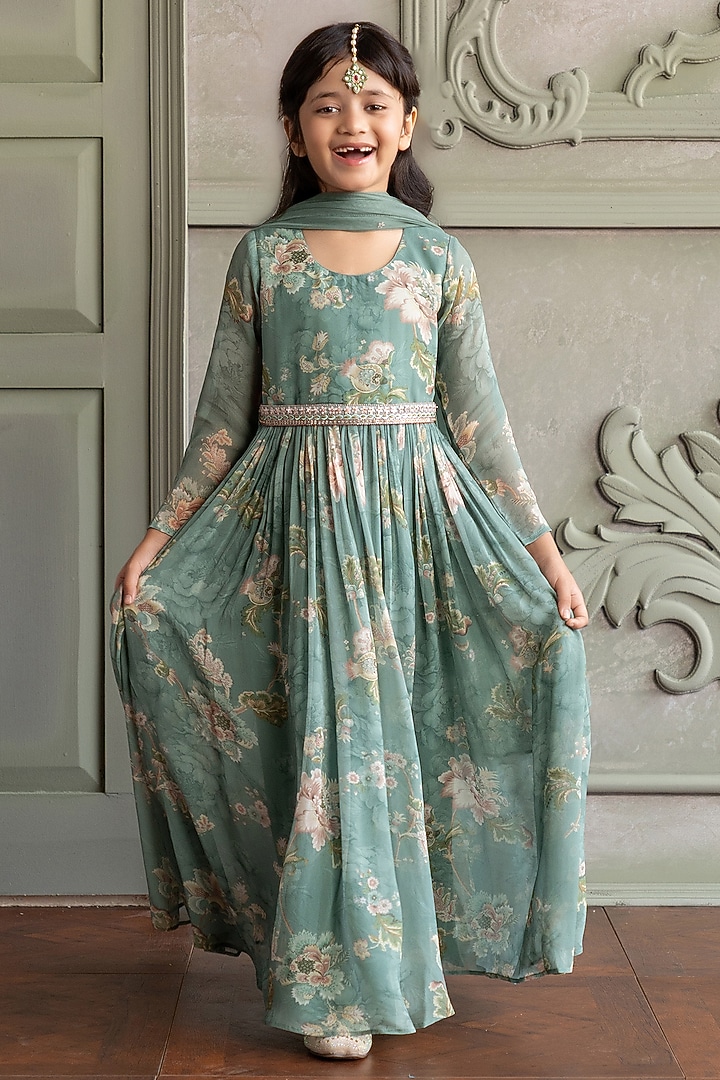 Soft Mint Viscose Organza Floral Printed Anarkali For Girls by Kalista kids at Pernia's Pop Up Shop
