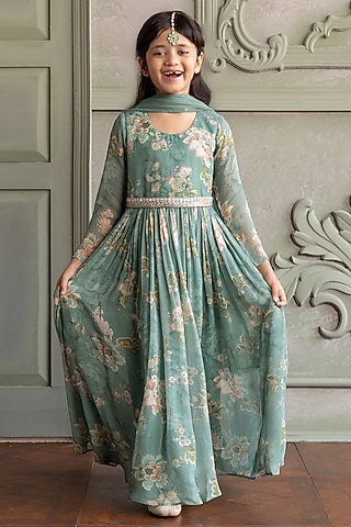 Soft Mint Viscose Organza Floral Printed Anarkali For Girls by Kalista kids