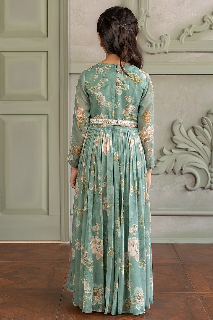 Soft Mint Viscose Organza Floral Printed Anarkali For Girls by Kalista kids at Pernia's Pop Up Shop