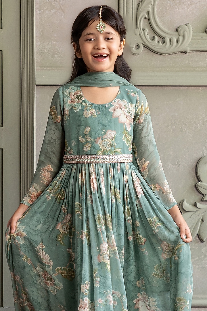 Soft Mint Viscose Organza Floral Printed Anarkali For Girls by Kalista kids at Pernia's Pop Up Shop