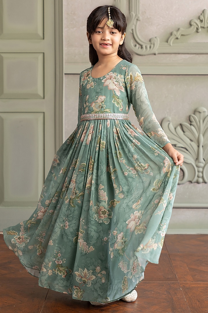 Soft Mint Viscose Organza Floral Printed Anarkali For Girls by Kalista kids at Pernia's Pop Up Shop