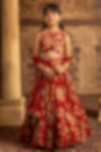 Ruby Red Organza Printed Lehenga Set For Girls by Kalista kids at Pernia's Pop Up Shop